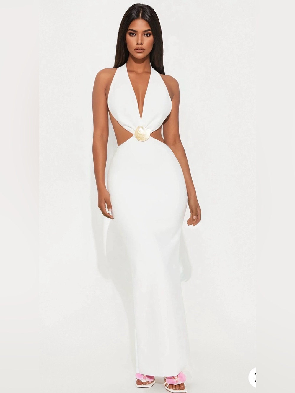 Elegant White Halter Cutout Maxi Dress with Gold Accent